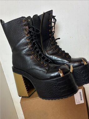 Killstar Repetilia Croc-Texture Platform Lace-Up Boots with Gold Accents